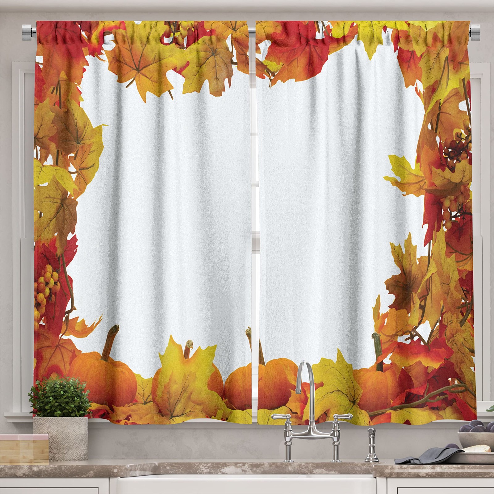 Thanksgiving Kitchen Curtains, Dry Autumn Leaves and Ripe Pumpkins Seasonal F…