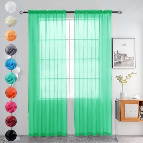 Solid Sheer Rod Pocket Curtain Voile 52″W x 63″L (Pack of 2) Grass Green