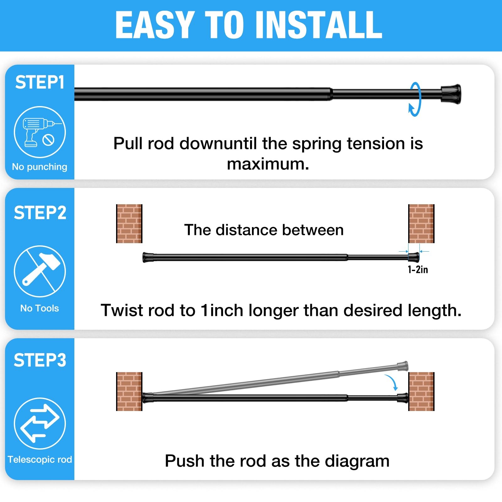 2 Pack Spring Tension Rods 28-43 Inches,5/8″ Diameter Black Spring Load Adjus…