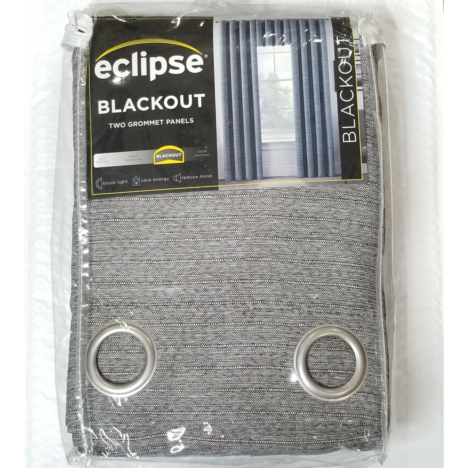 Eclipse Blackout Two Grommet Panels Gray Texture Fabric Energy Saver Light Block