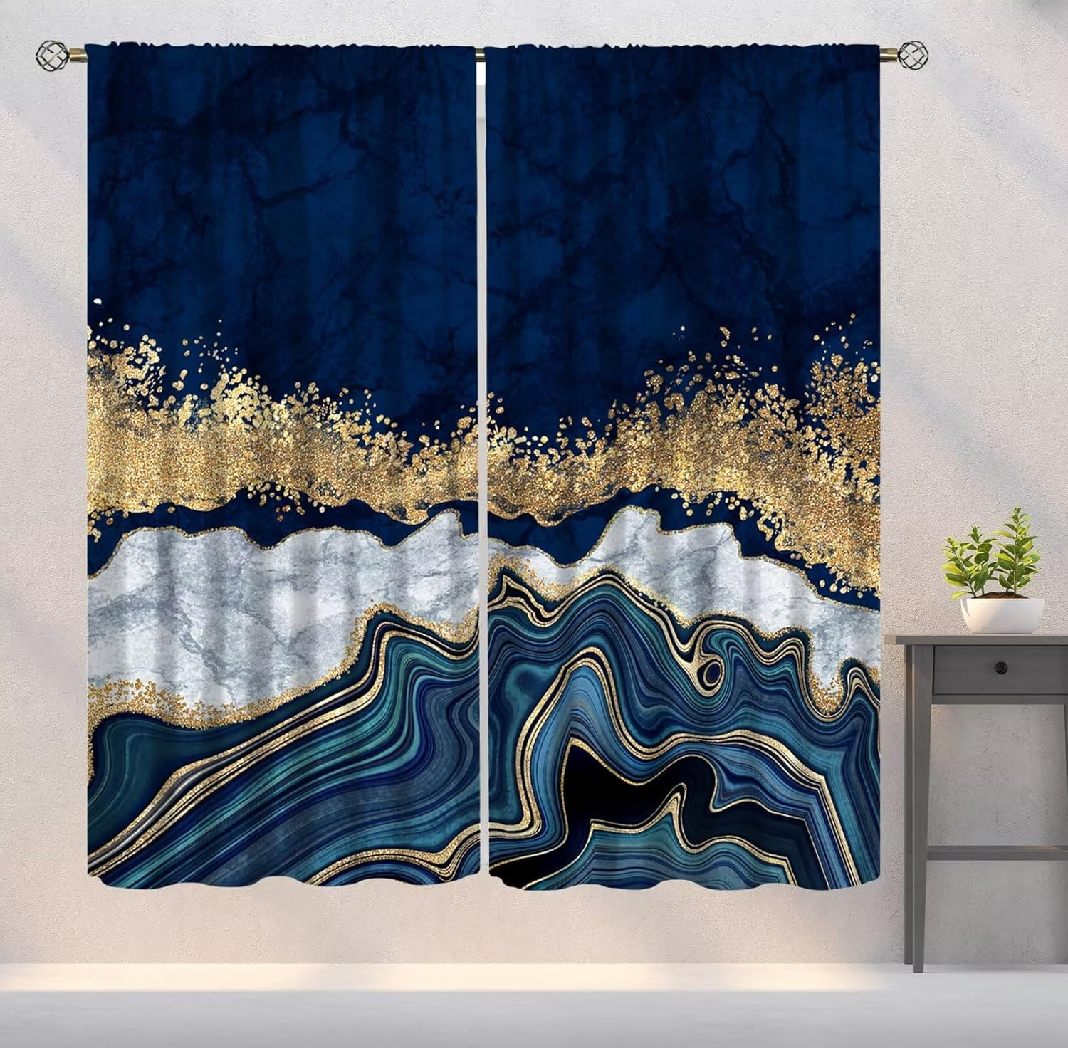 Navy Blue Marble Blackout Curtains Abstract Modern Silver Gold Cracked Art Print