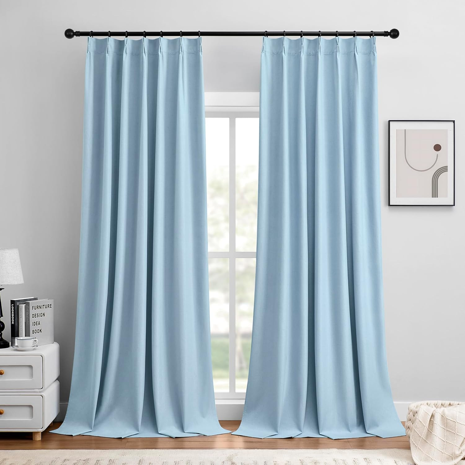 Chambray Blue Pinch Pleated Blackout Curtains, 108″ Long, 2 Panels Set