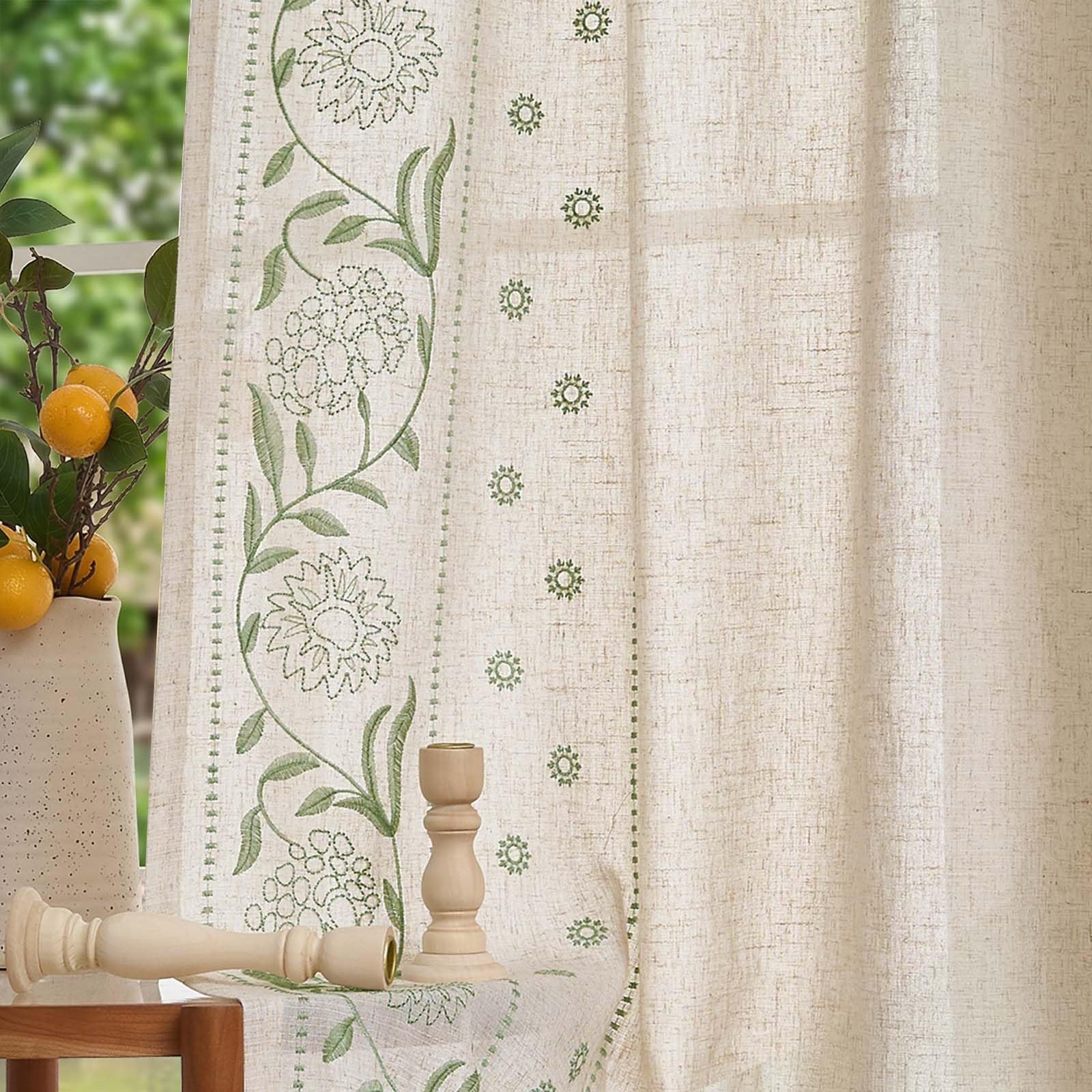 Linen Curtains for Living Room Bedroom 63 Inches Length Embroidered Floral Cu…