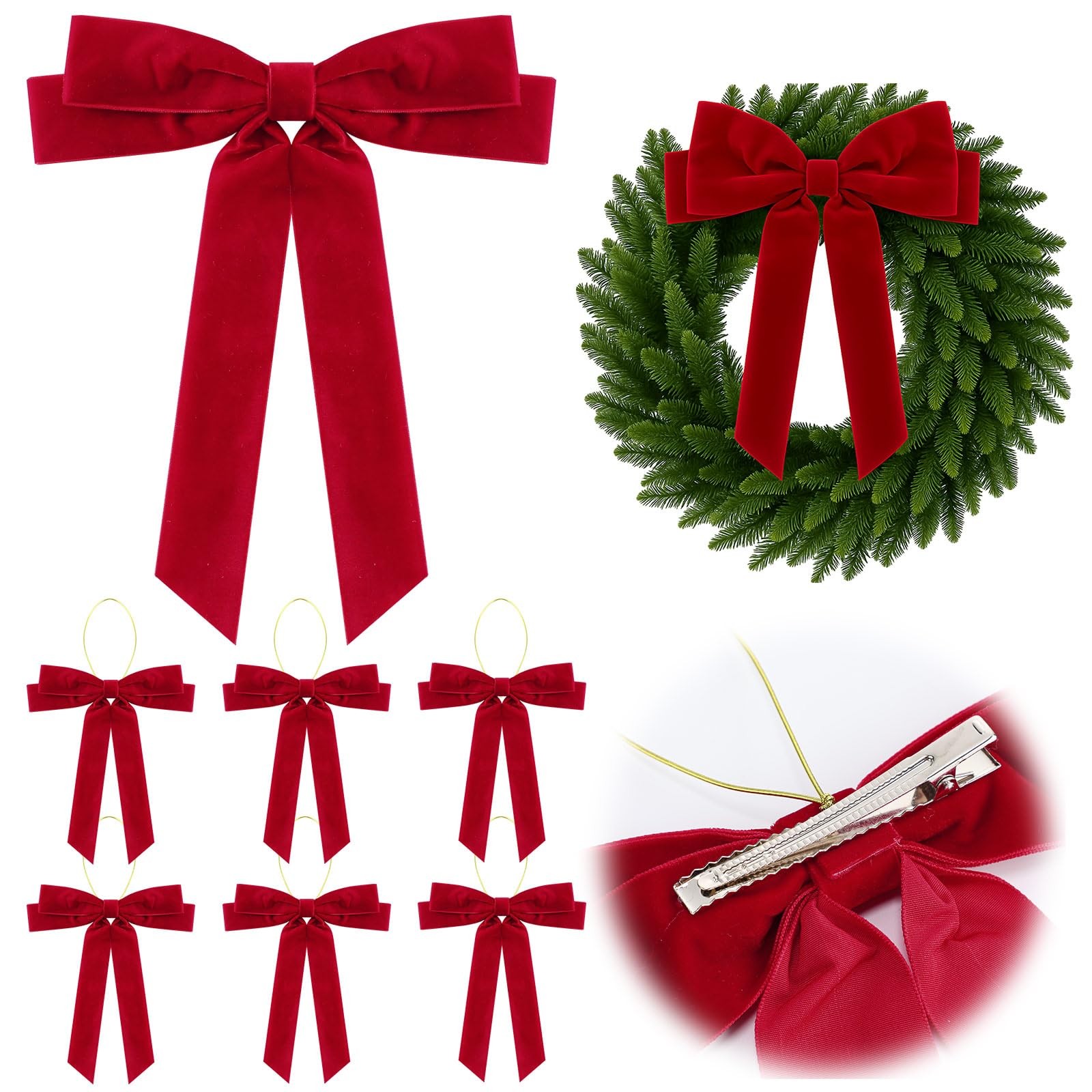 6 Pcs Christmas Red Velvet Double Bows 9 x 12 Inches Large Christmas Bows wit…
