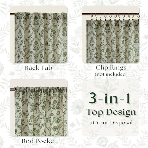 Green Floral Linen Curtains 84 Inch Length 52″W x 84″L (Pack of 2) Olive Green