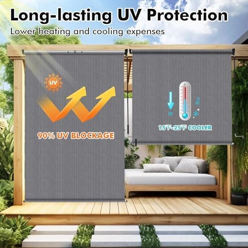 Patio Shades Roll Up Outdoor Roller Shade (6’Wx6’H), Cordless 72″W x 72″H Gray