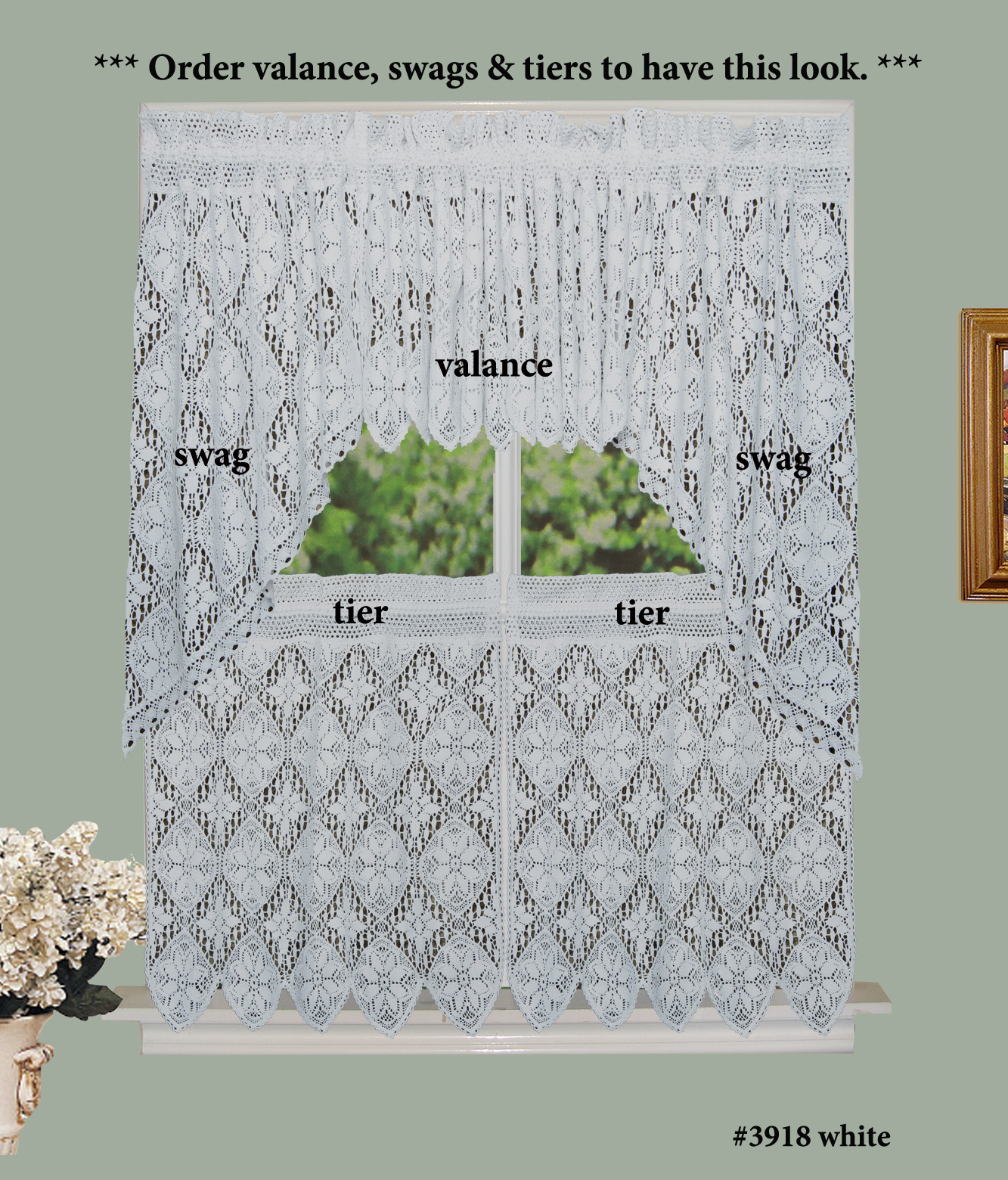 Creative Linens Crochet Lace Kitchen Curtain Valance Tiers or Swags White 3918W