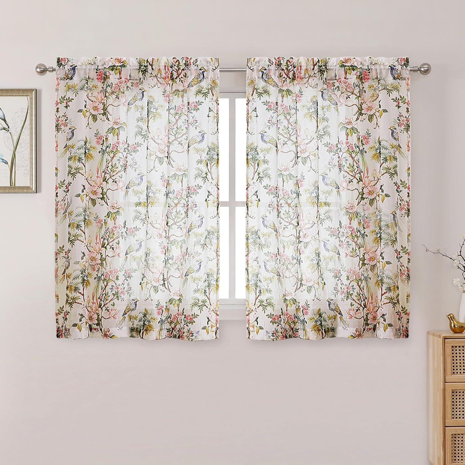 Crushed Kitchen Window Curtains 45 Inch Length 2 Panels, Elegant Farmhouse Print