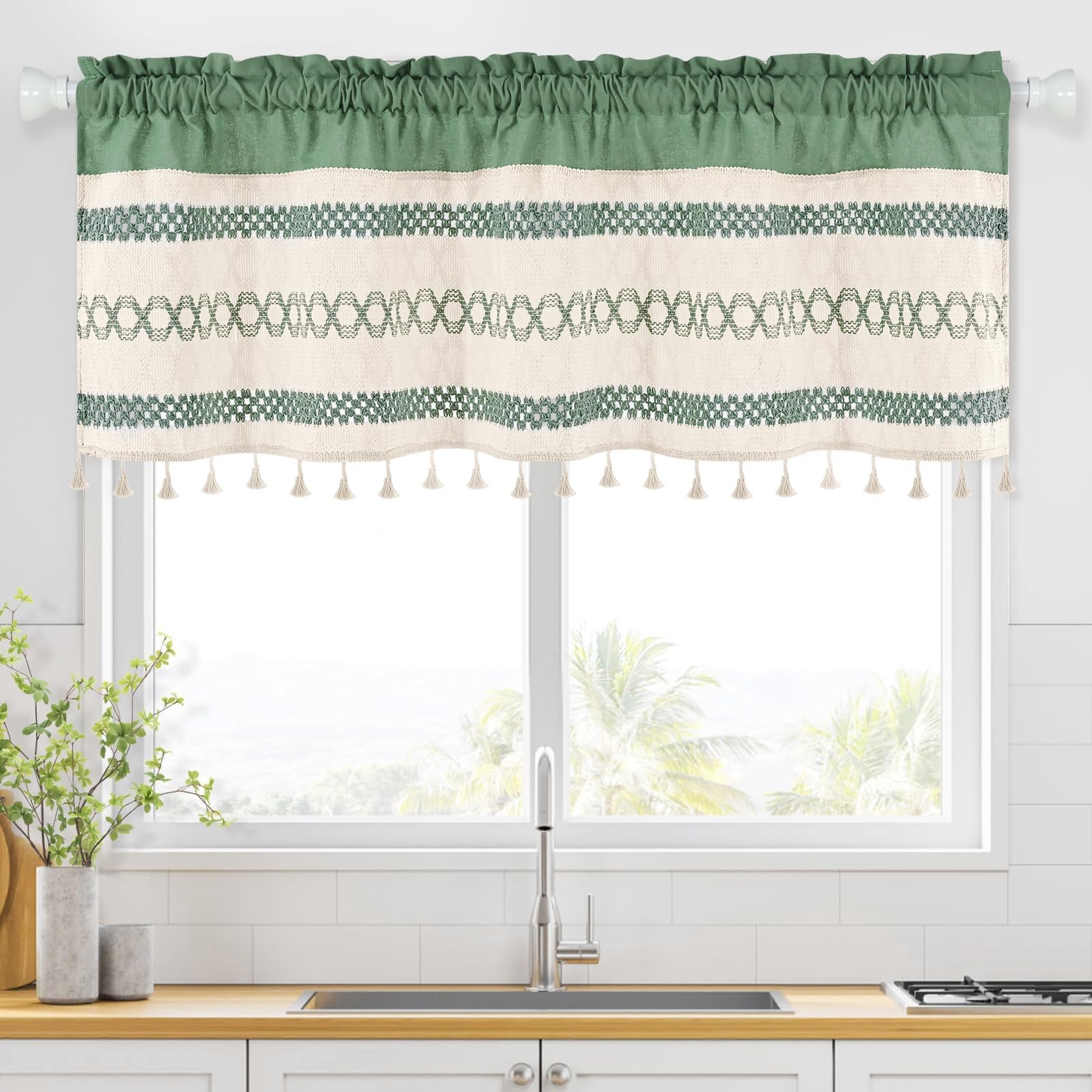 Farmhouse Linen Valance 52″ W x 18″ L Boho Crochet Rod Pocket – Light Filtering