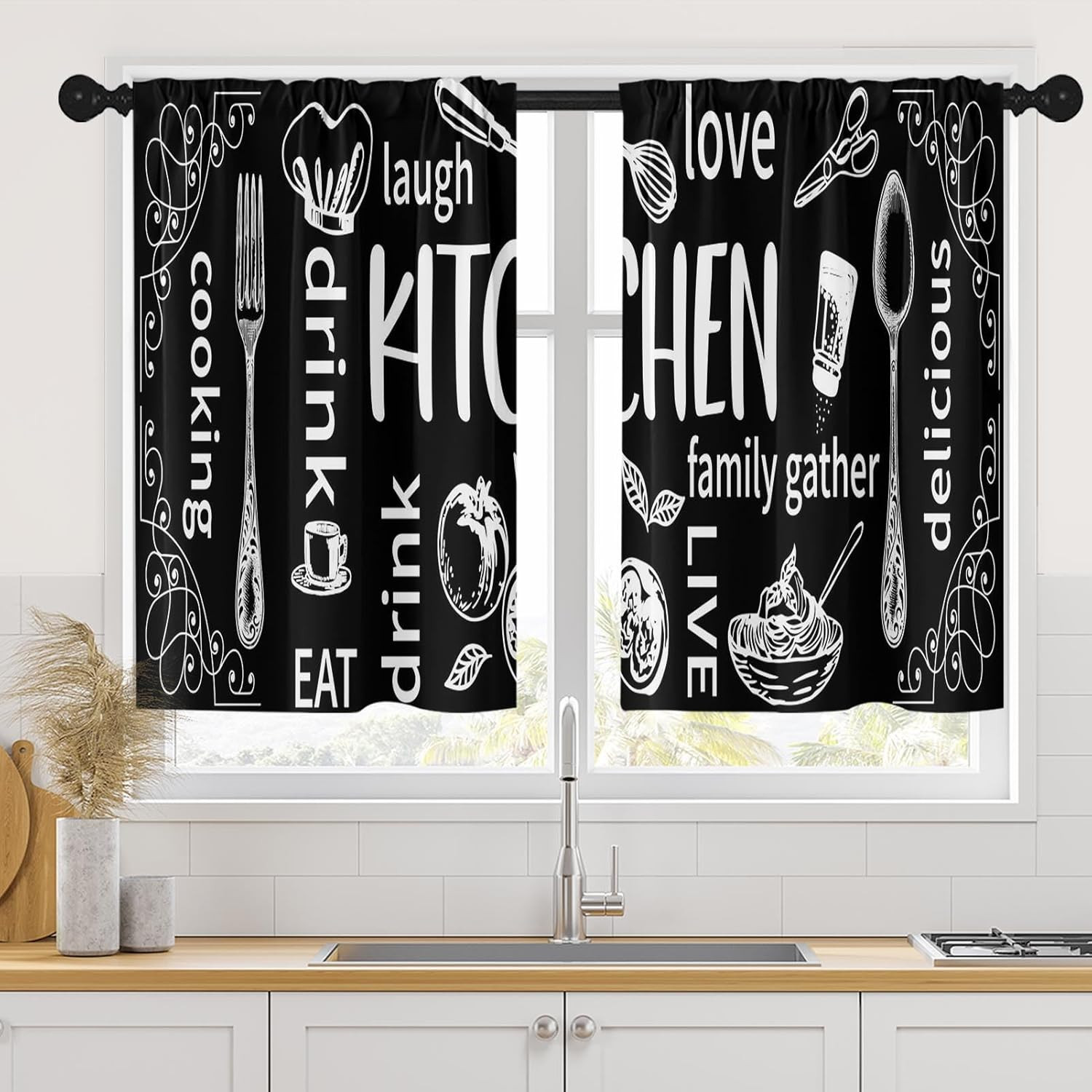 Black Kitchen Curtains 36 Inch Length Doodle Window Short Tier Curtains Over Sin