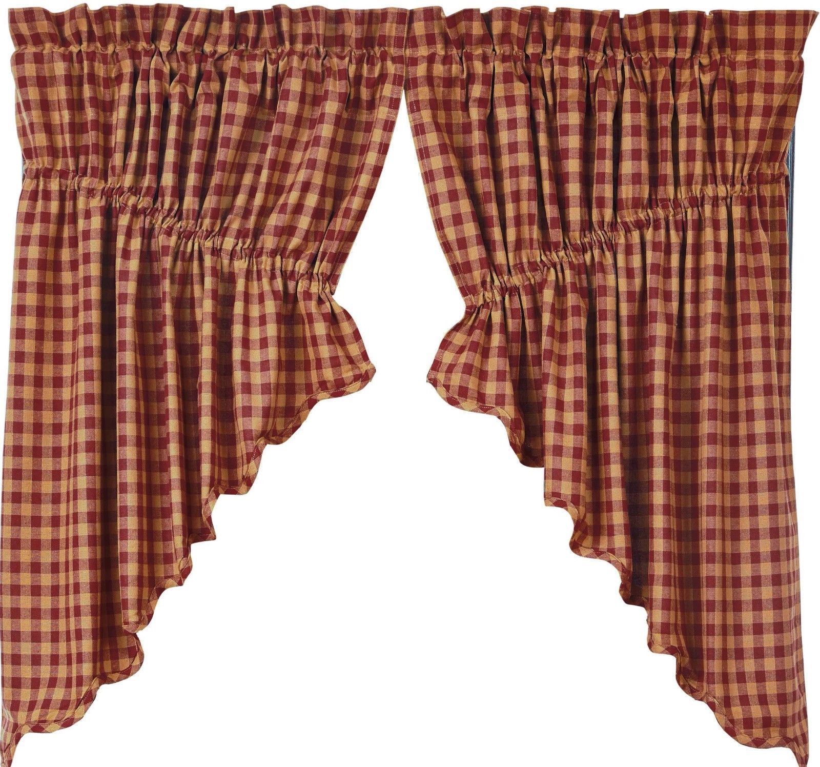 Burgundy Check Lined Country Red & Tan Drawstring Cotton Prairie Swag Set 36″ L