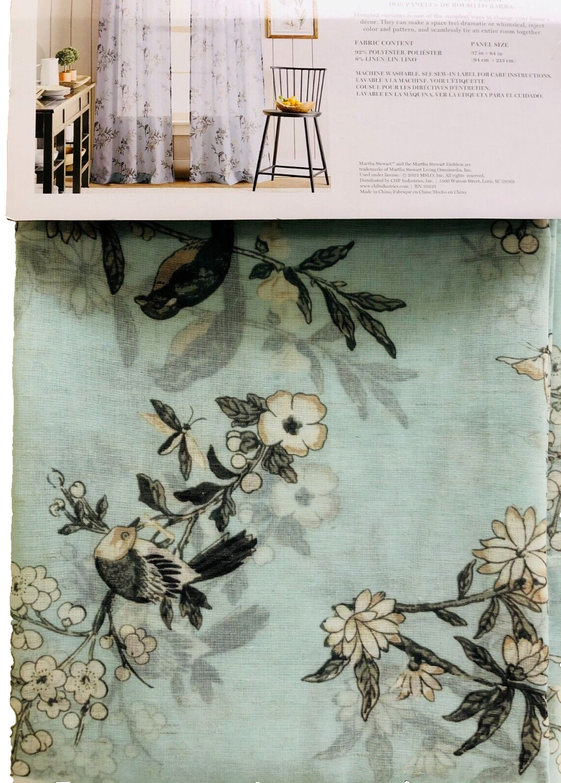 Martha Stewart Spring Meadow Bird Floral Sheer 84″ Curtain Panels Pair Seafoam