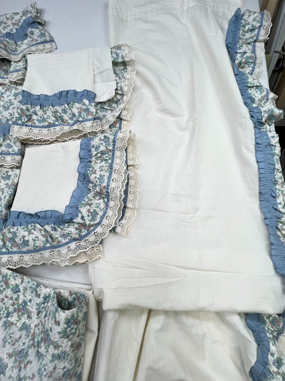 Vintage Country Floral Curtains Valance Tiers Blue Cottagecore Ruffle Lot of 8