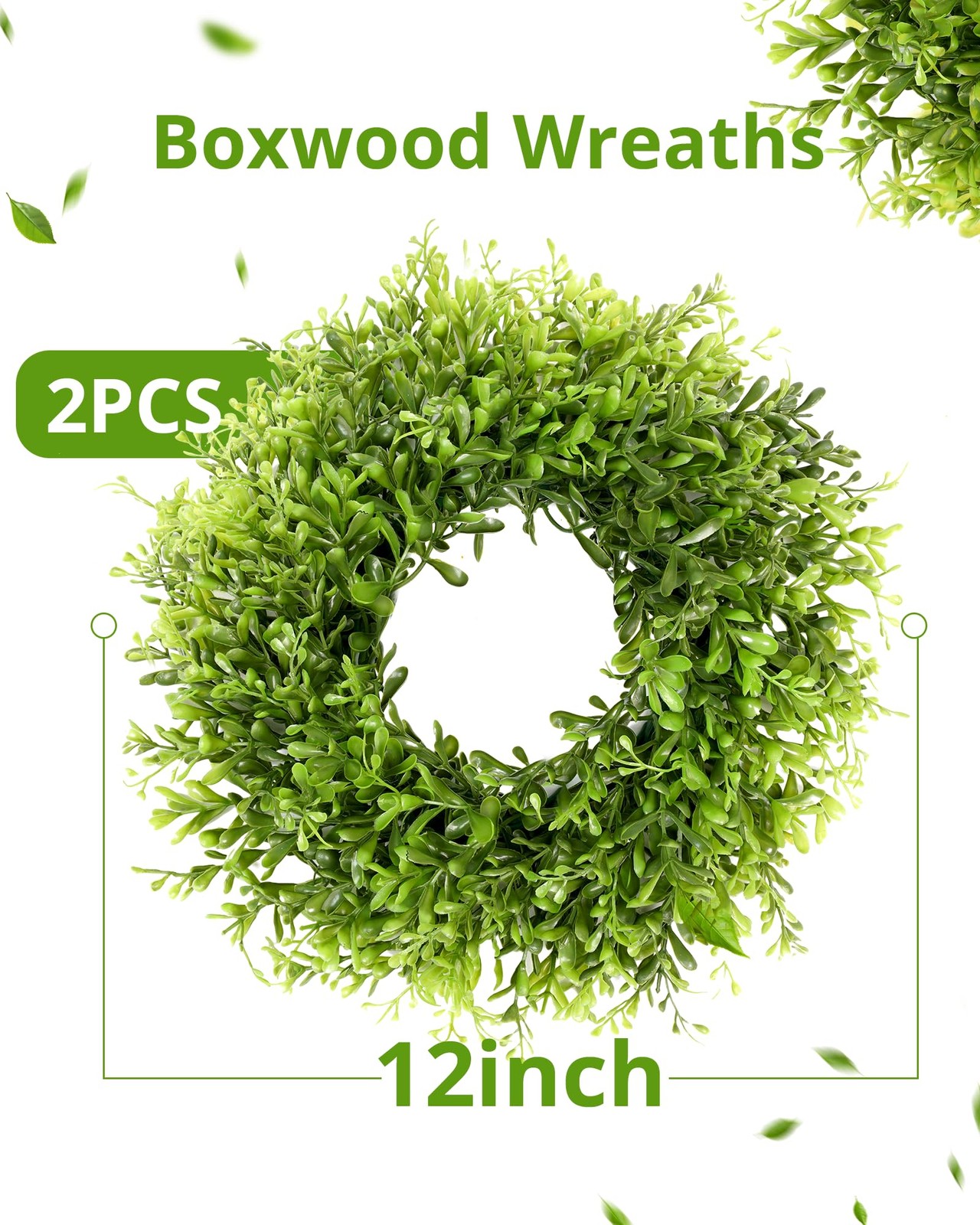 Vlorart 12 Inch Small Boxwood Wreath for Front Door, 2 Pcs 12 Inch, Green