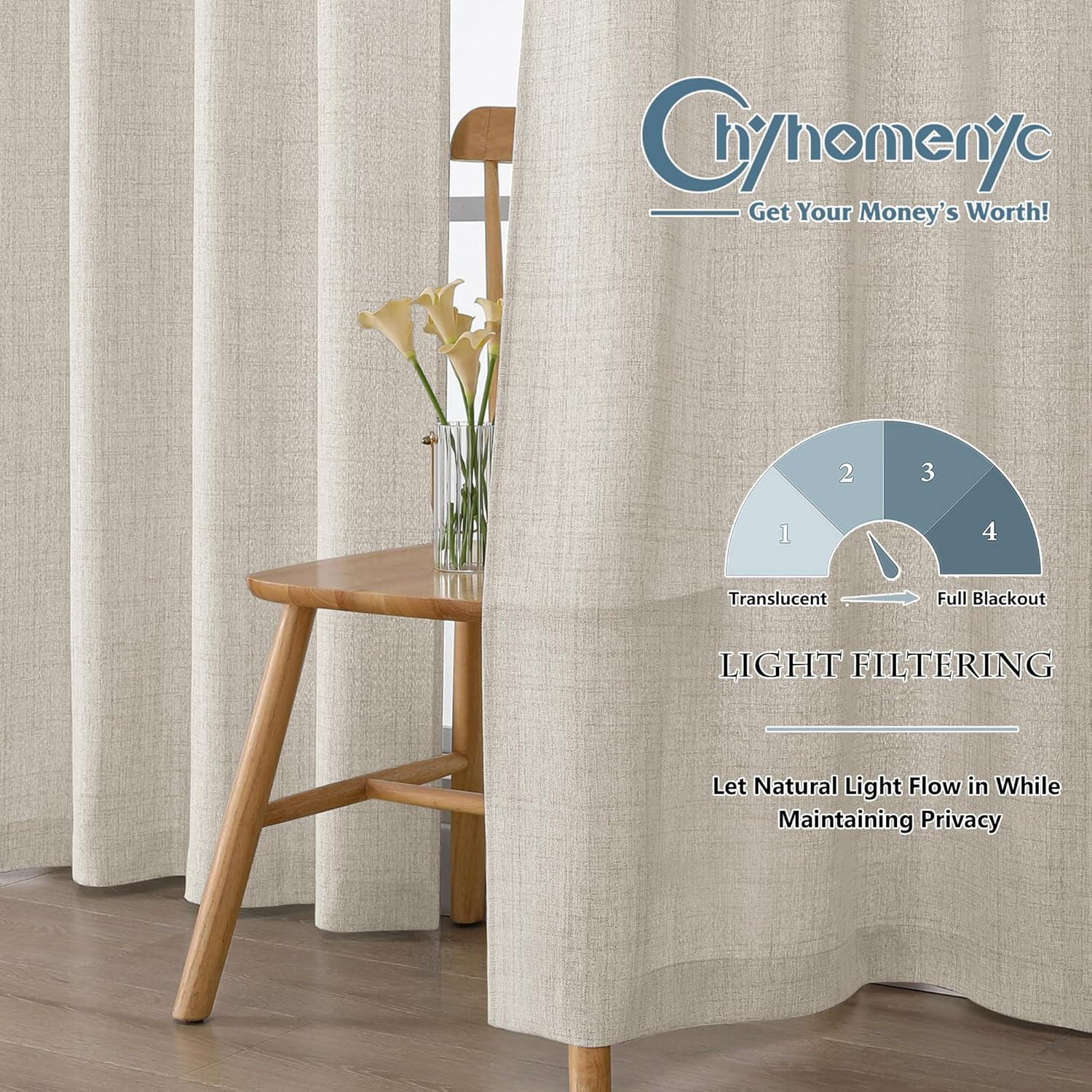 Natural Cafe Curtains 24 Inch Length, Light Filtering Faux Linen Slub Textured S