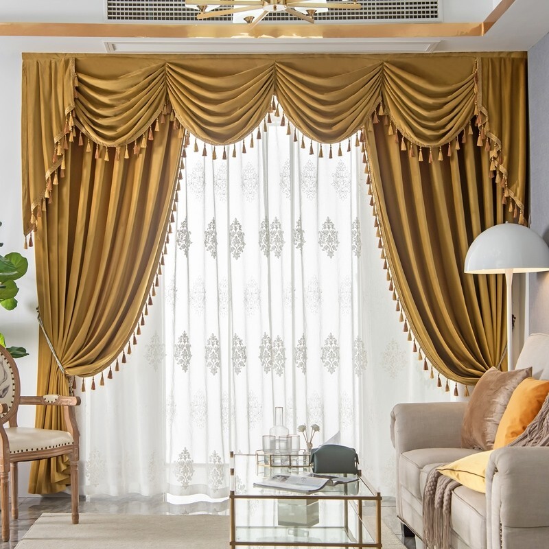Custom vintage villa luxury gold cloth blackout curtain valance drape C2132