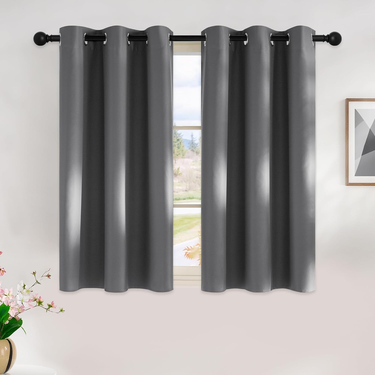 Grey Kitchen Blackout Short Curtain Panels for Bedroom, 45 Inch Long Thermal