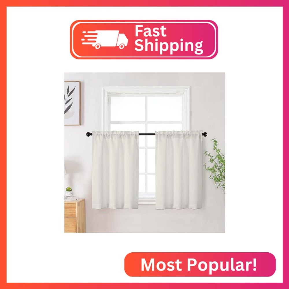 WelvetBLK Ivory Short Curtains Tier 30 Inch Length 2 Panels Set, Faux Linen Text