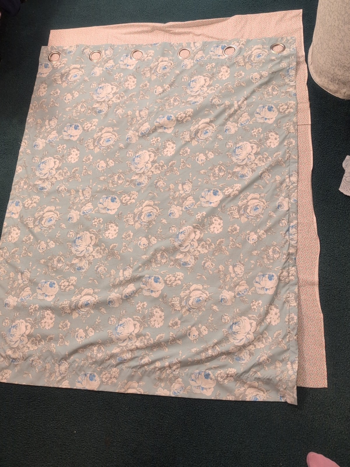 Blue Floral Blackout Curtain 53 1/2″ By 42″ Across; 2 Valances 15.5″ Tall