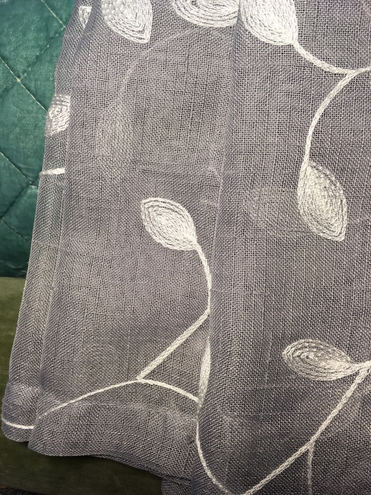 Embroidered White Leafy Vines on Gray Sliding Glass Door Window Panels 104 x 84”