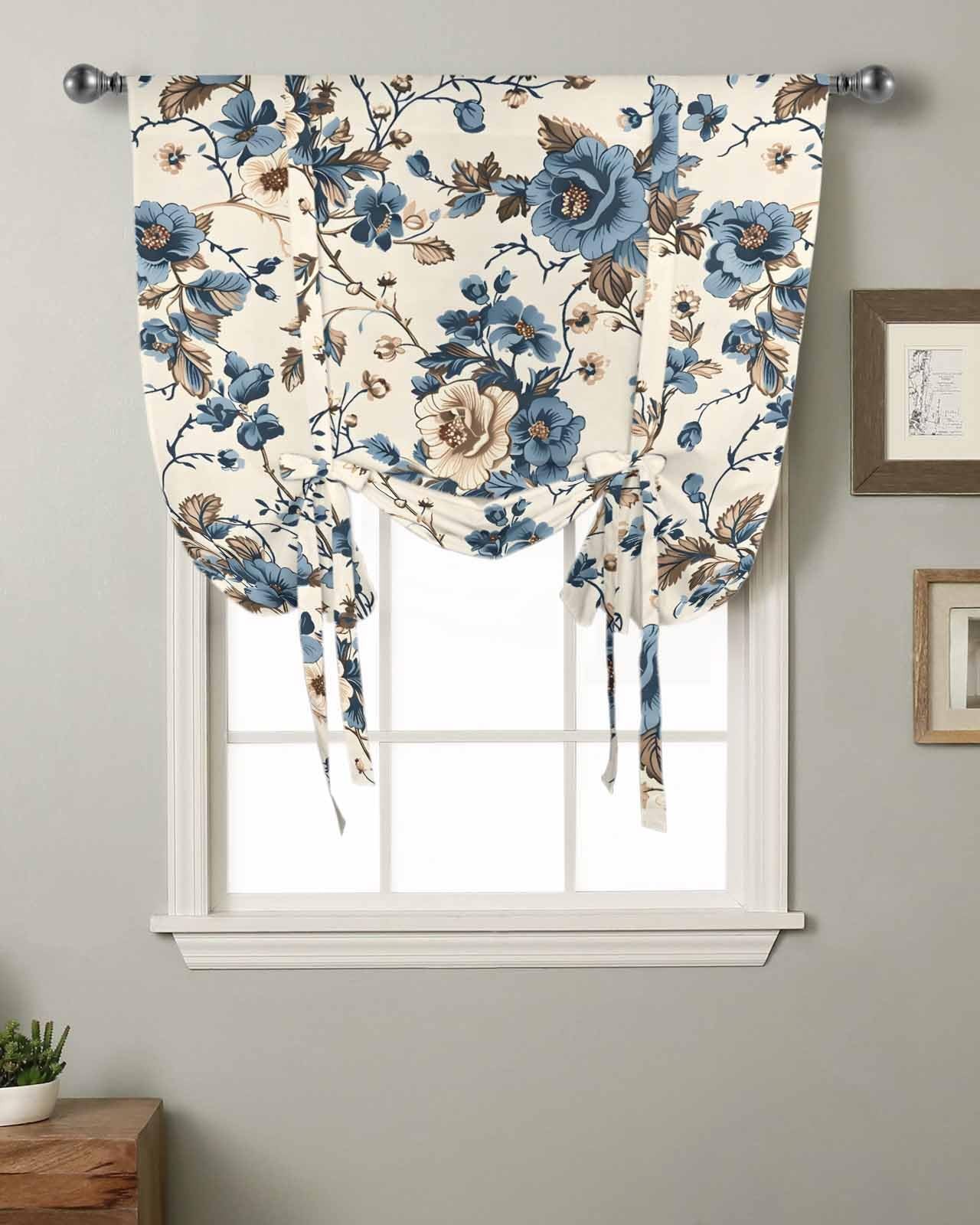 Blue Floral Tie Up Curtains Thermal Insulated Blackout Window Adjustable Ball…