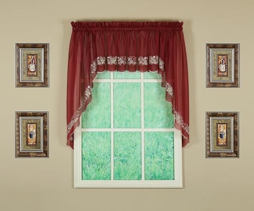 , Emelia Embroidery Sheer Swag 38″, Swag Pair 59″W x 38″L (Pack of 1) Burgundy