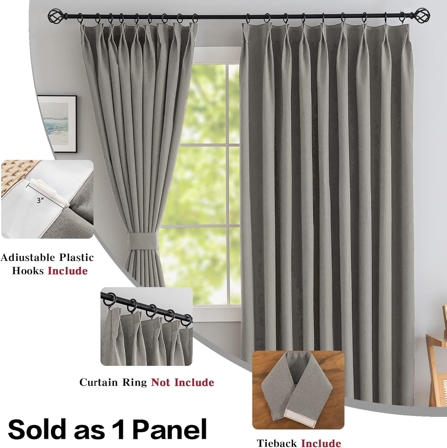 Blackout Pinch Pleat Curtain, Faux Linen, 72×96, Waterproof, Stone Color