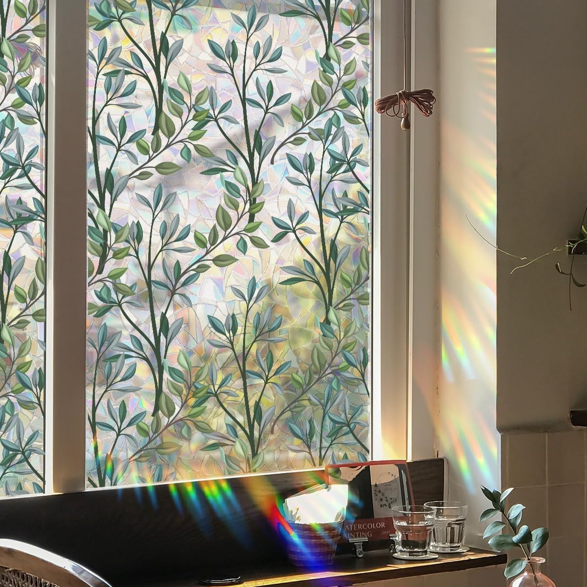 Window Privacy Film Rainbow Plant Leaves Clings 3D Decorative Vinyl Stained G…