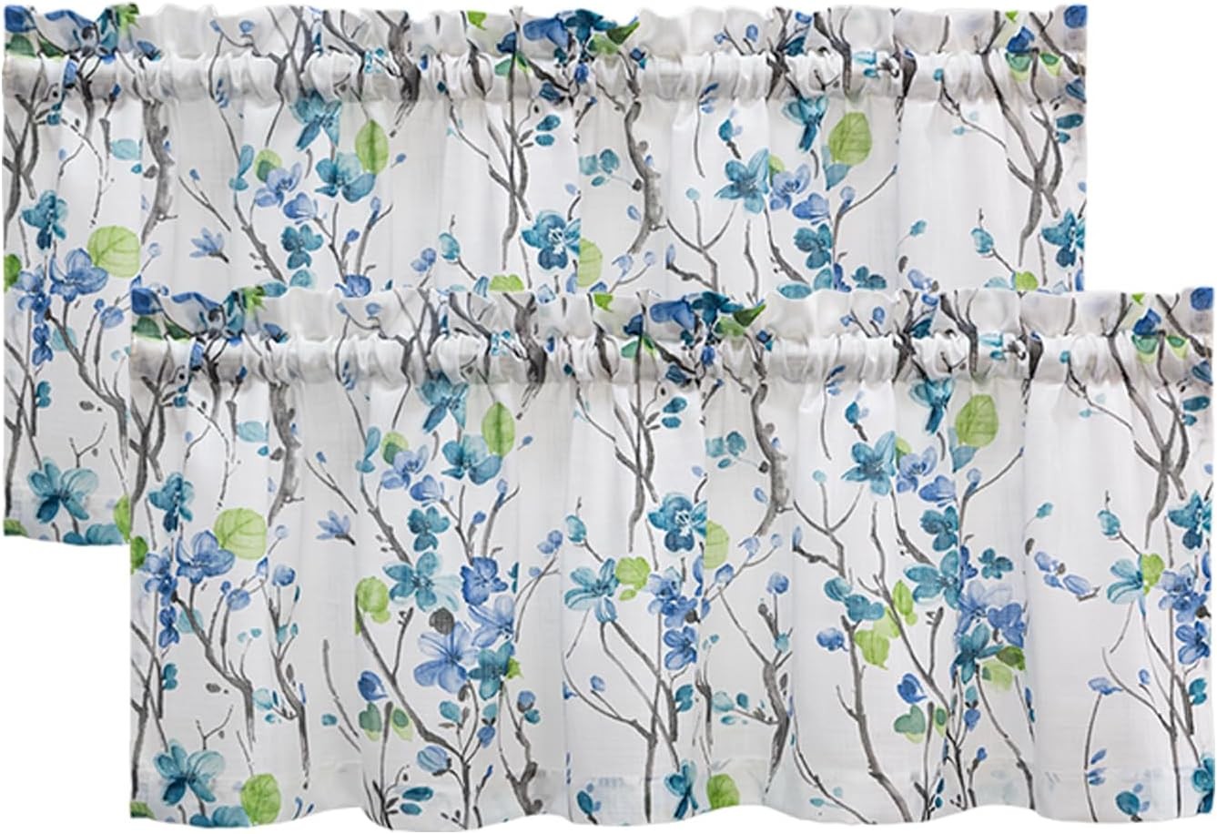 Printed Valance Linen Textured Living Room Floral Leaf Design Sheer Curtains