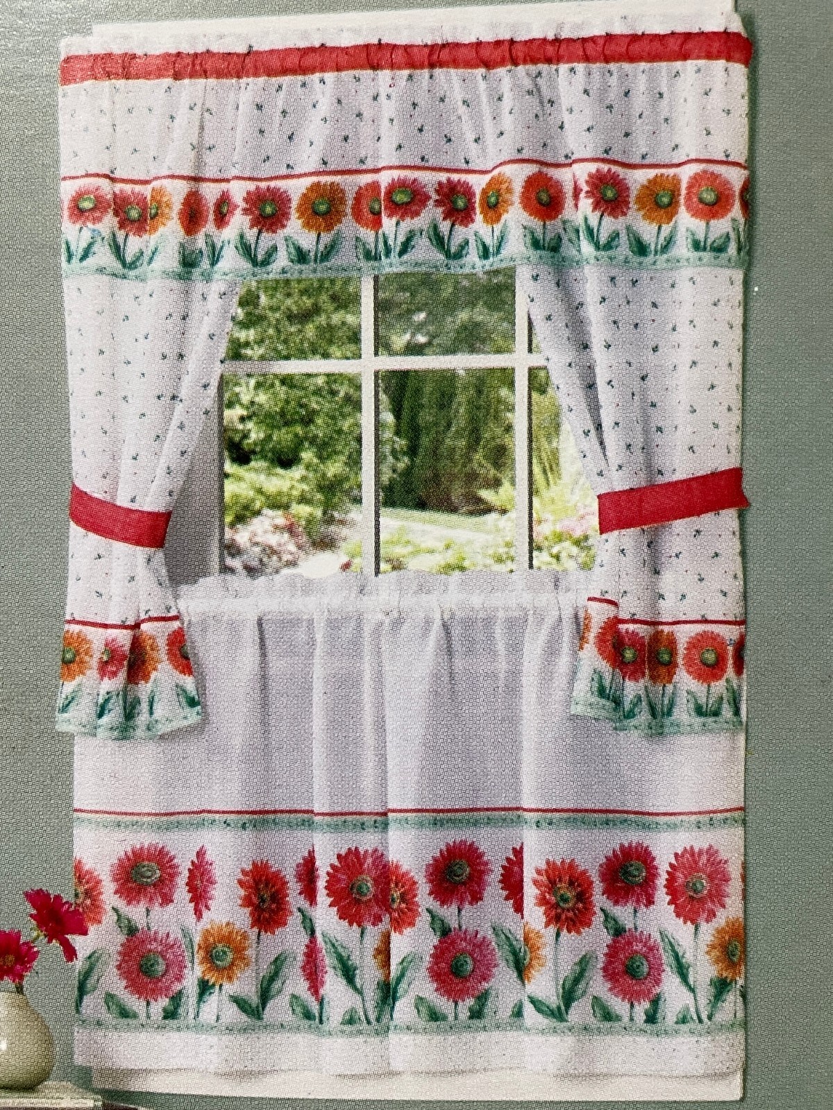 Red Orange Daisy Flower Floral Kitchen Window Tier Valance Curtain Set 24″ Decor