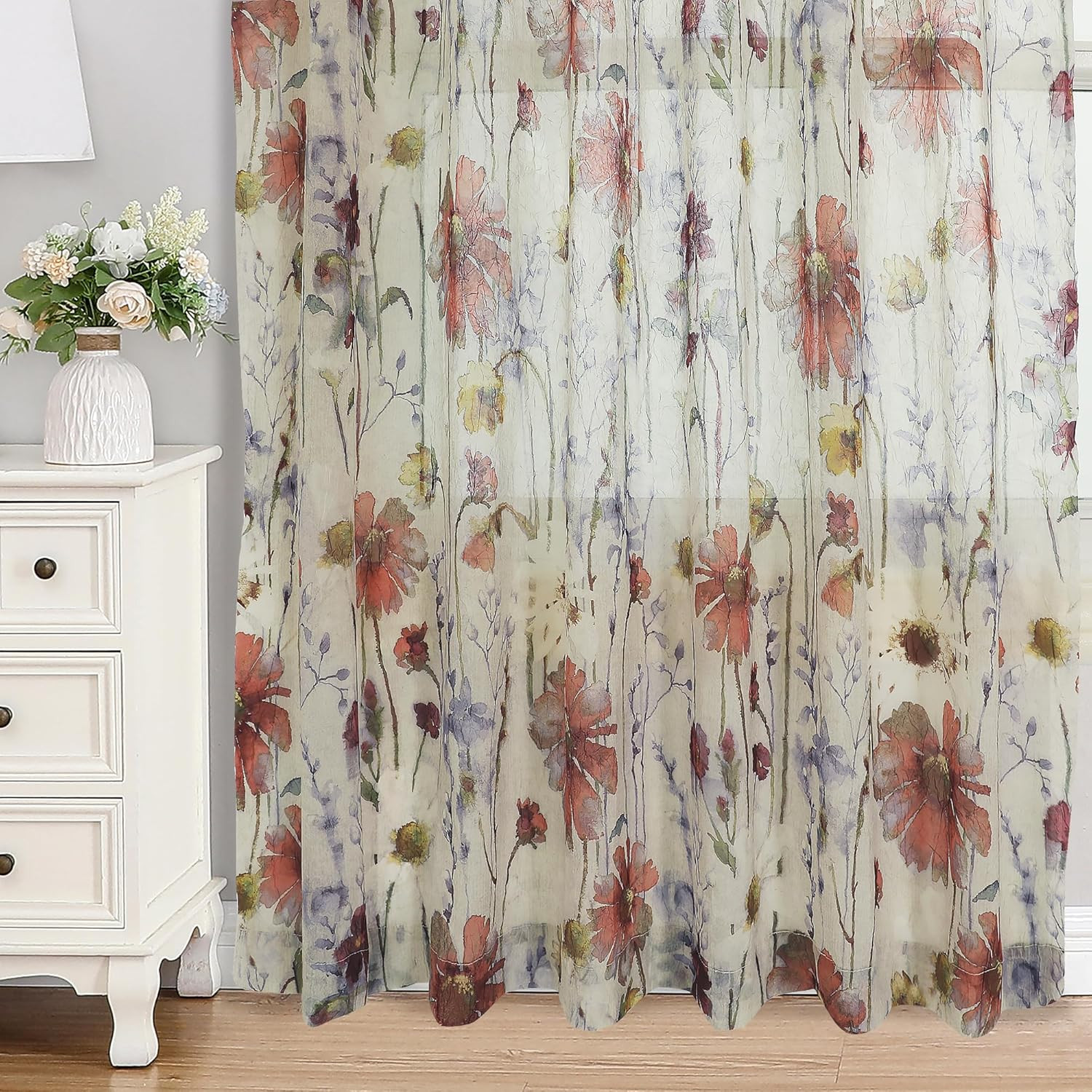 Crushed Sheer Curtains 63 Inches Length 2 Panels SetSheer Floral Curtians