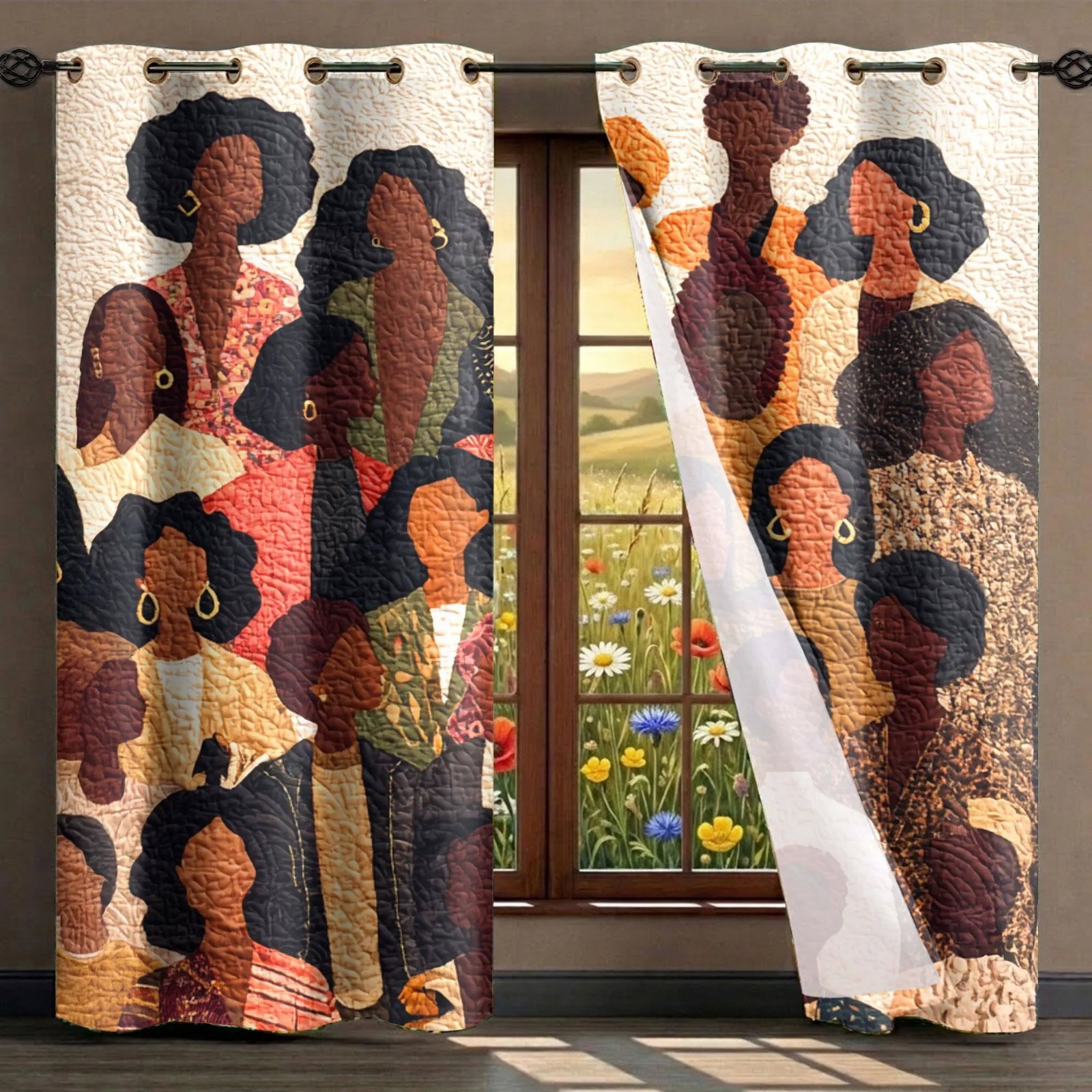 Black Girl Art Curtains Afro Boho Drapes African American Women Living Room Deco