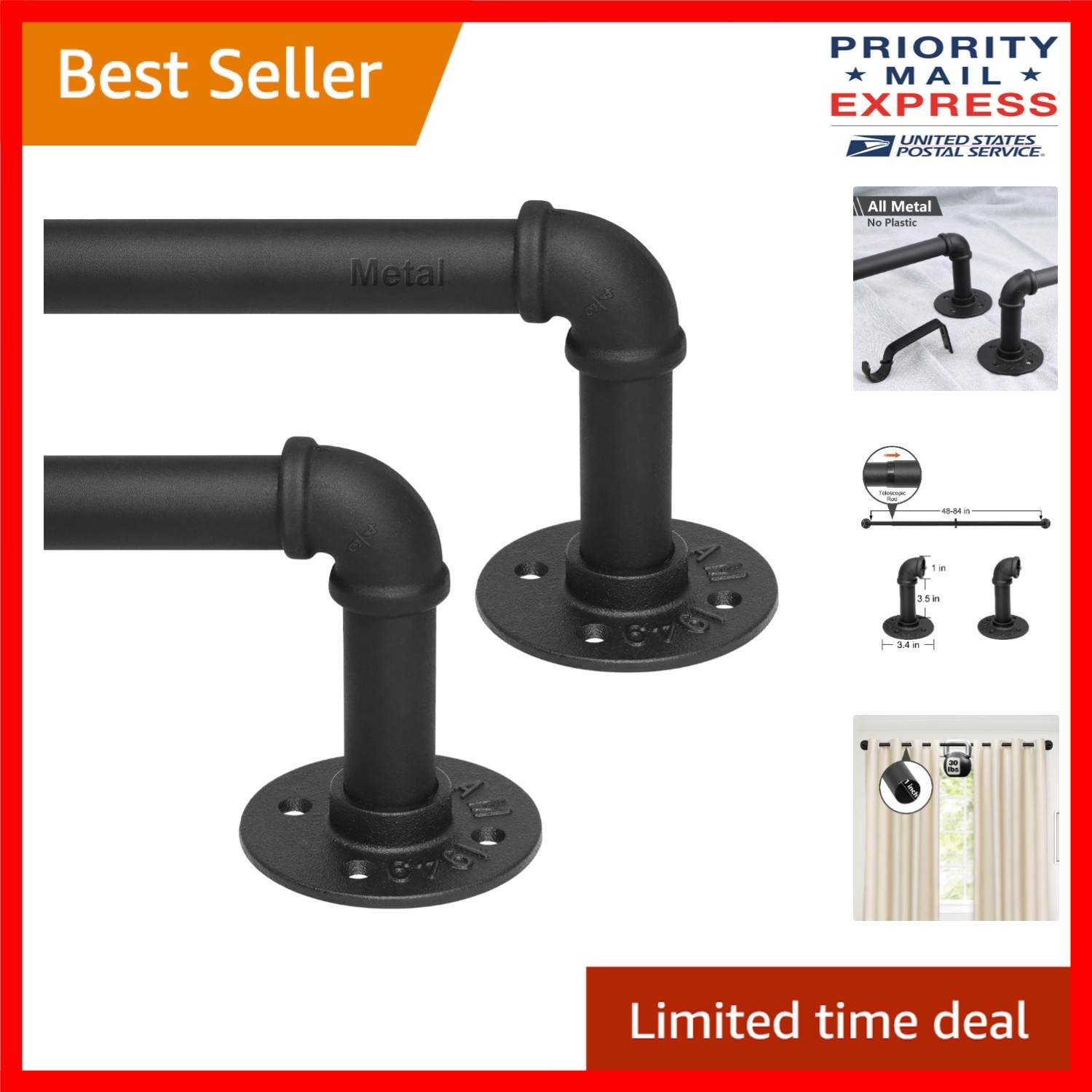 Versatile 2 Pack Curtain Rods for Windows 48-Inch to 84-Inch, Industrial Style
