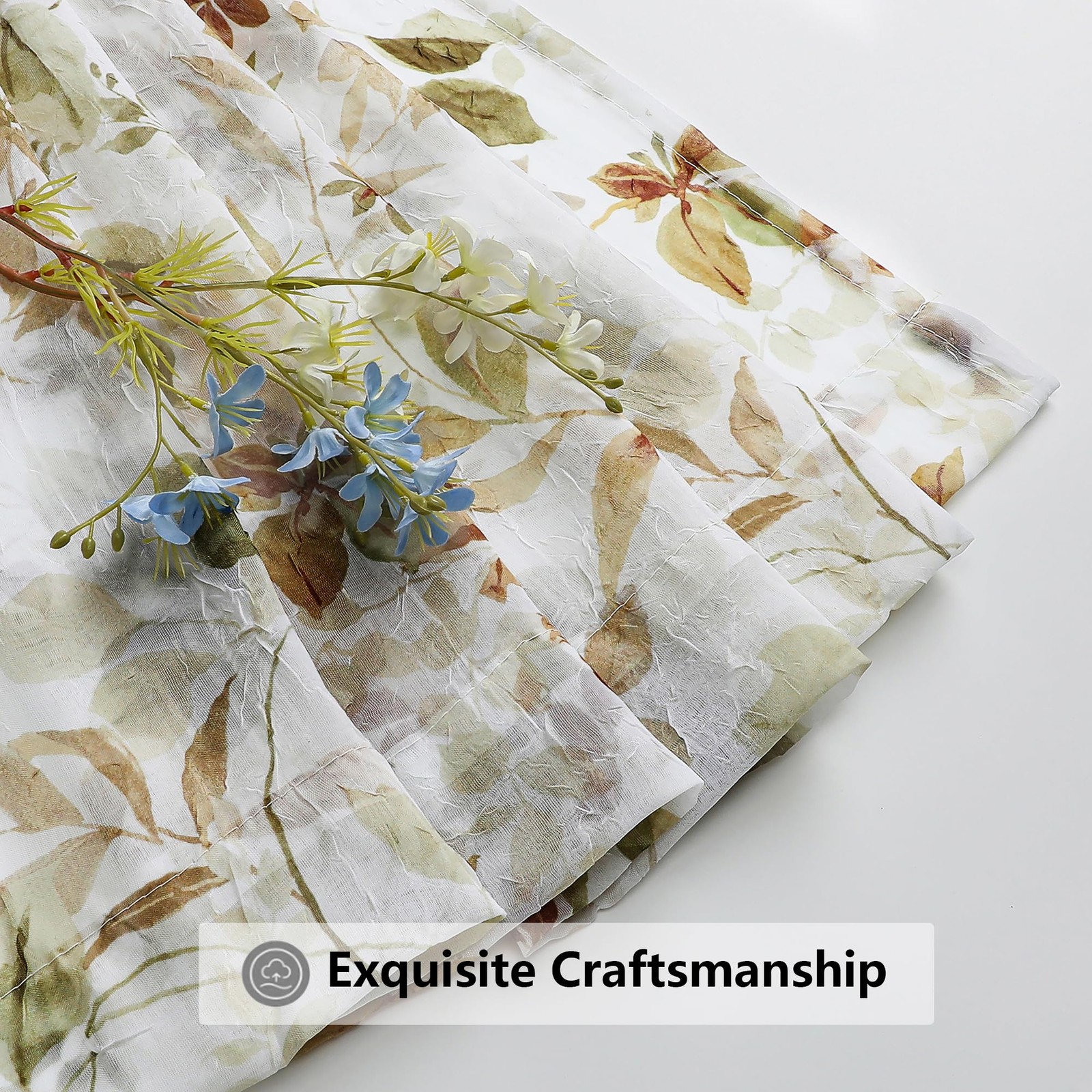 Crushed Sheer Curtains 63 Inch Length 2 Panels Set, Sheer Floral Curtians wit
