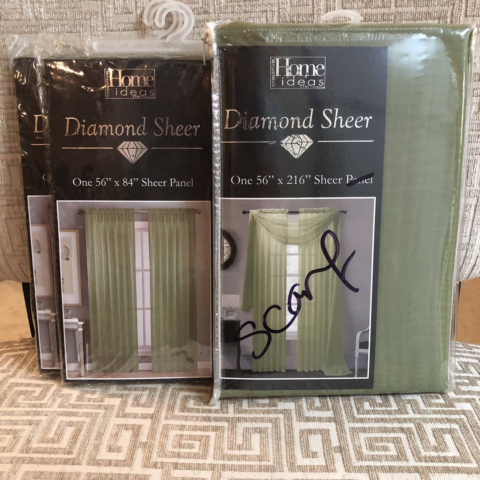 Diamond Sheer Panels (2) & Scarf Sage Green By Home Ideas NIP