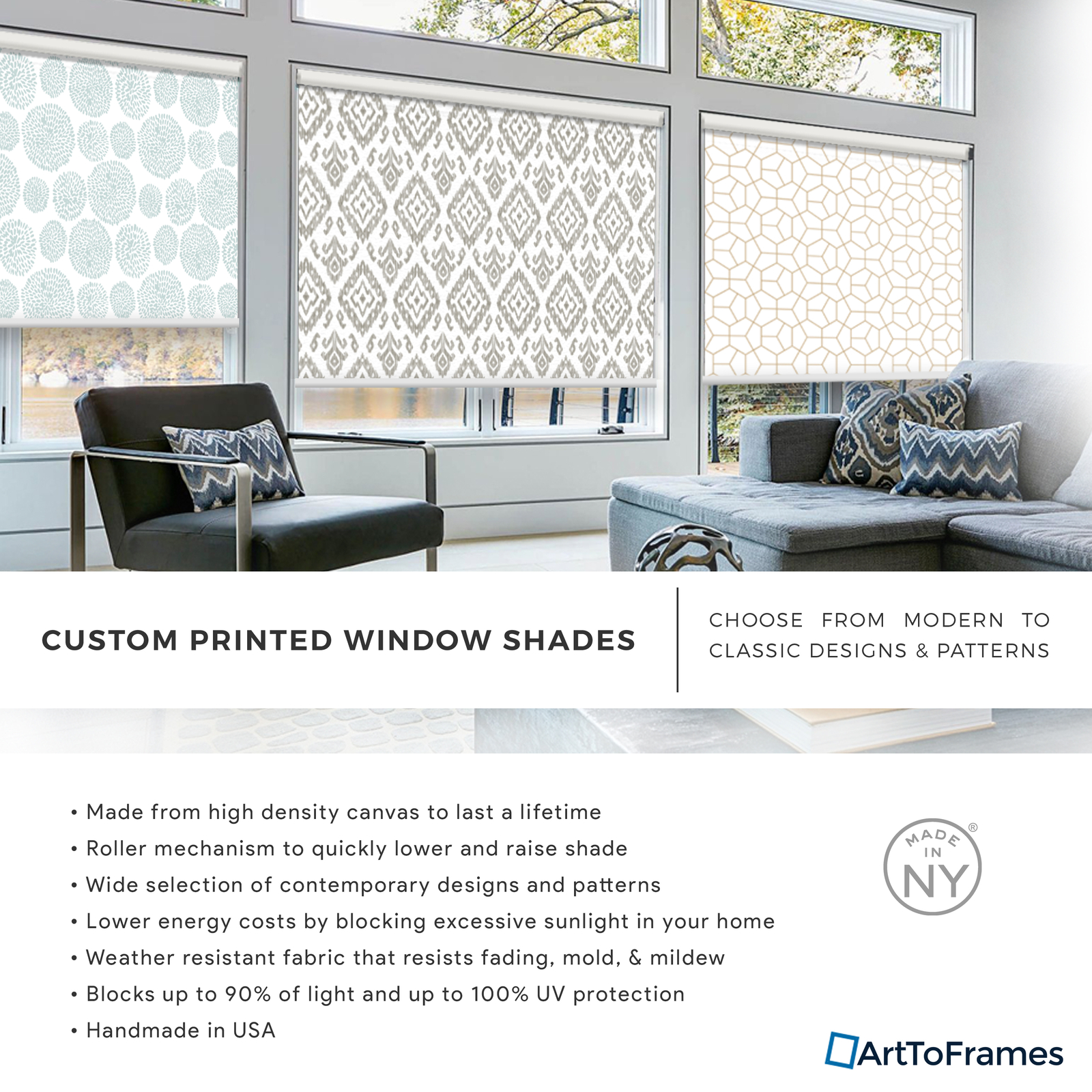 ArtToFrames Custom Window Shade – Blackout Ikat Pewter Design Reversed Roll