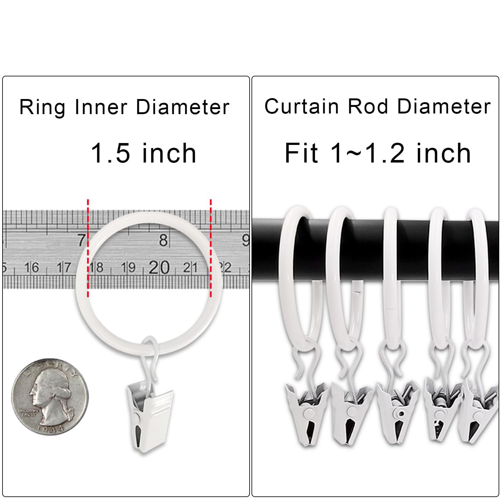 Curtain Rod Clips With Rings, Decorative Metal Hooks, 40 Pack, White