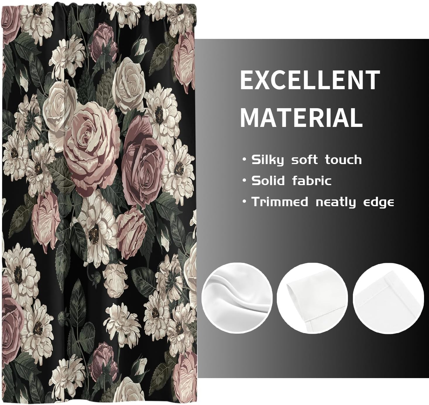 Black Floral Kitchen Window Curtains Rod Pocket Small Short Cafe Vintage Gothic