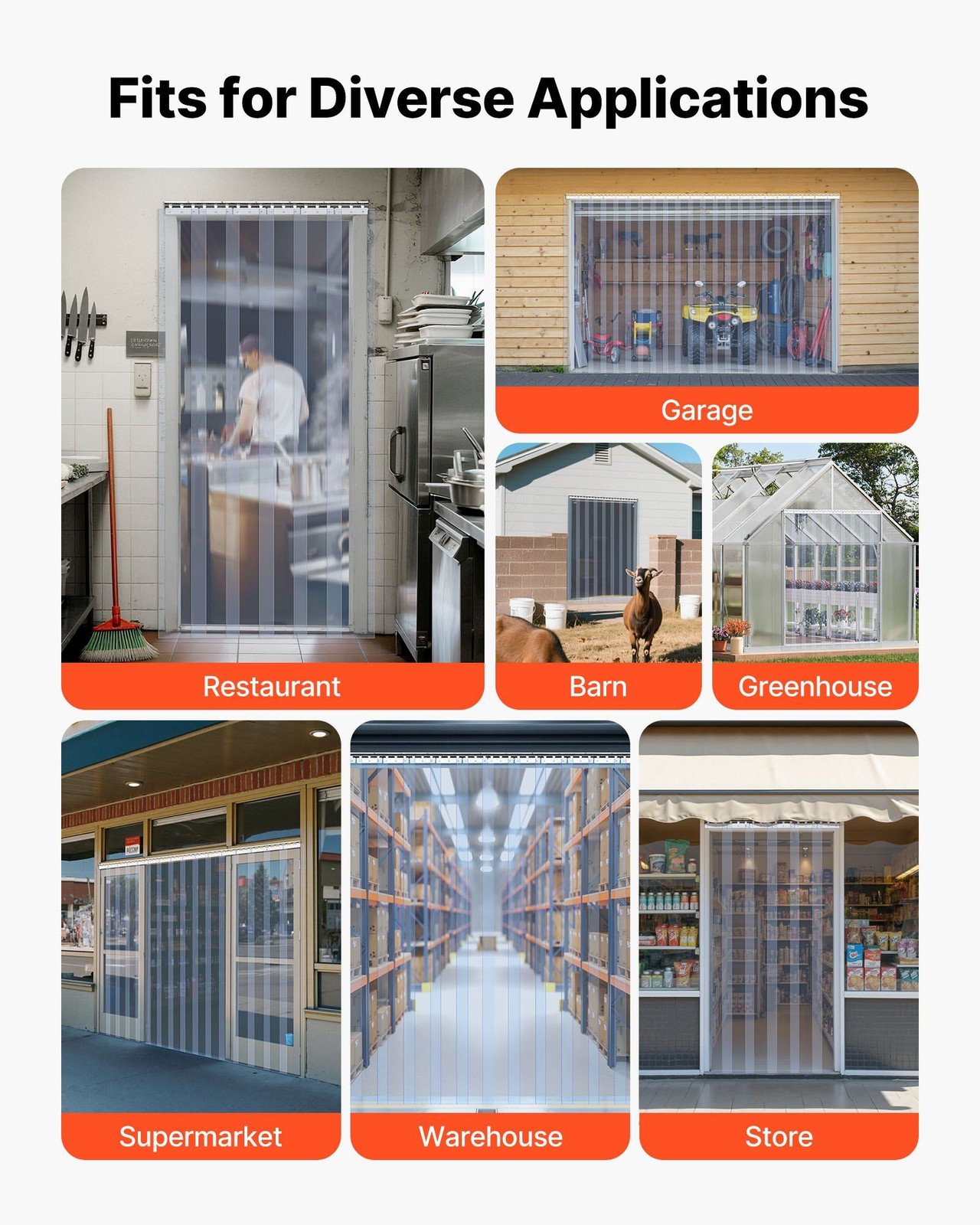 84x48in PVC Strip Curtain (8-Pc), 0.08in Thick, Transparent, Energy-Saving