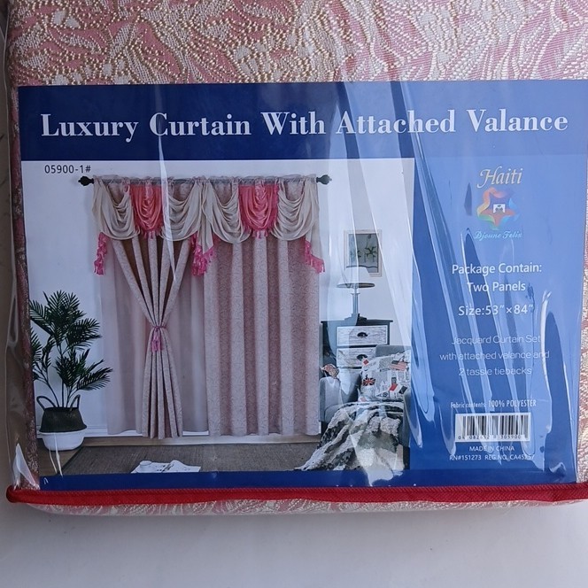 Haiti Jacquard Curtain Set Attached Valance 53×84 Beige/Pink Polyester Rod