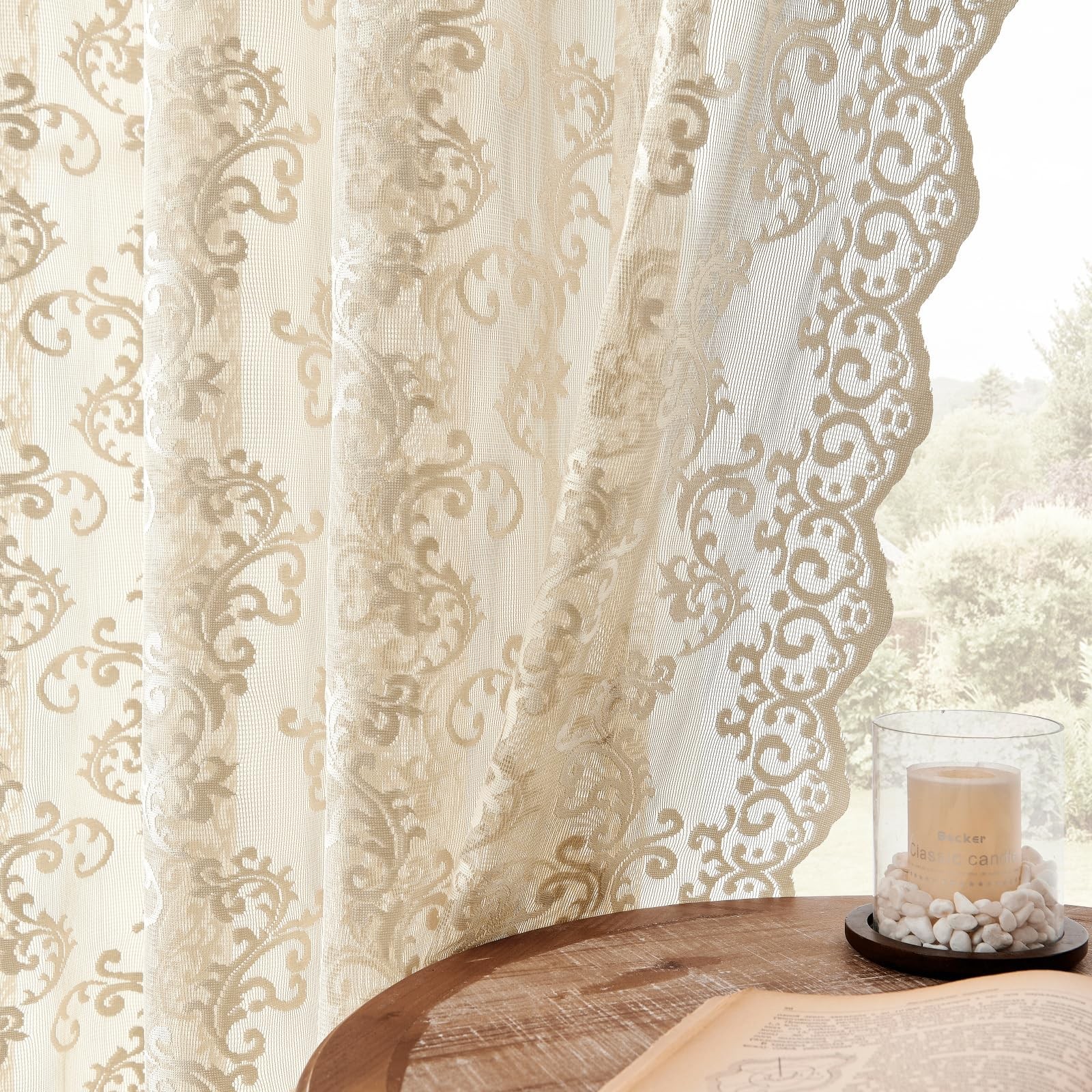 FOLKSIDE Beige Lace Curtains 63 Inch Length, 2 Panels Set Victorian Floral …
