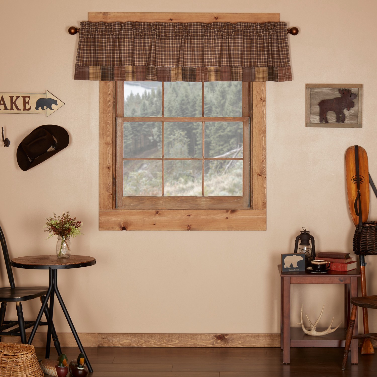 Prescott Rustic Brown Tan Plaid Block Border Country Lined Valance 72″ x 16″