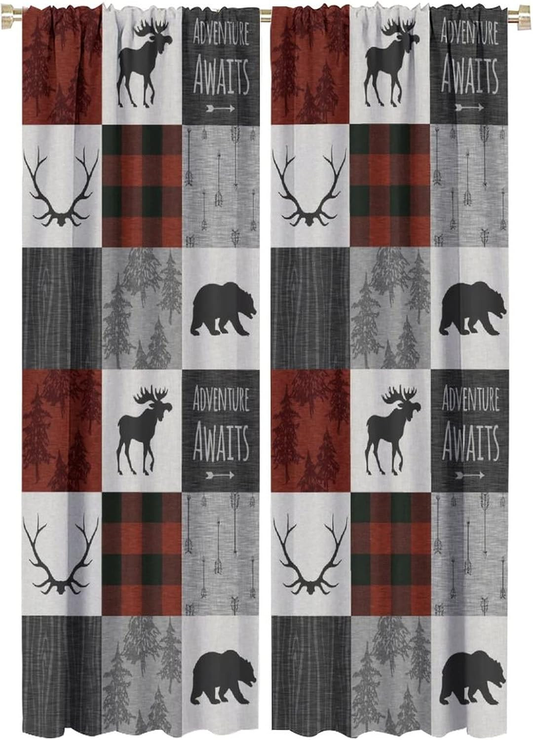 Moose Bear Bedroom Curtains,Vintage Country Forest Christmas Decor Black Red Pla