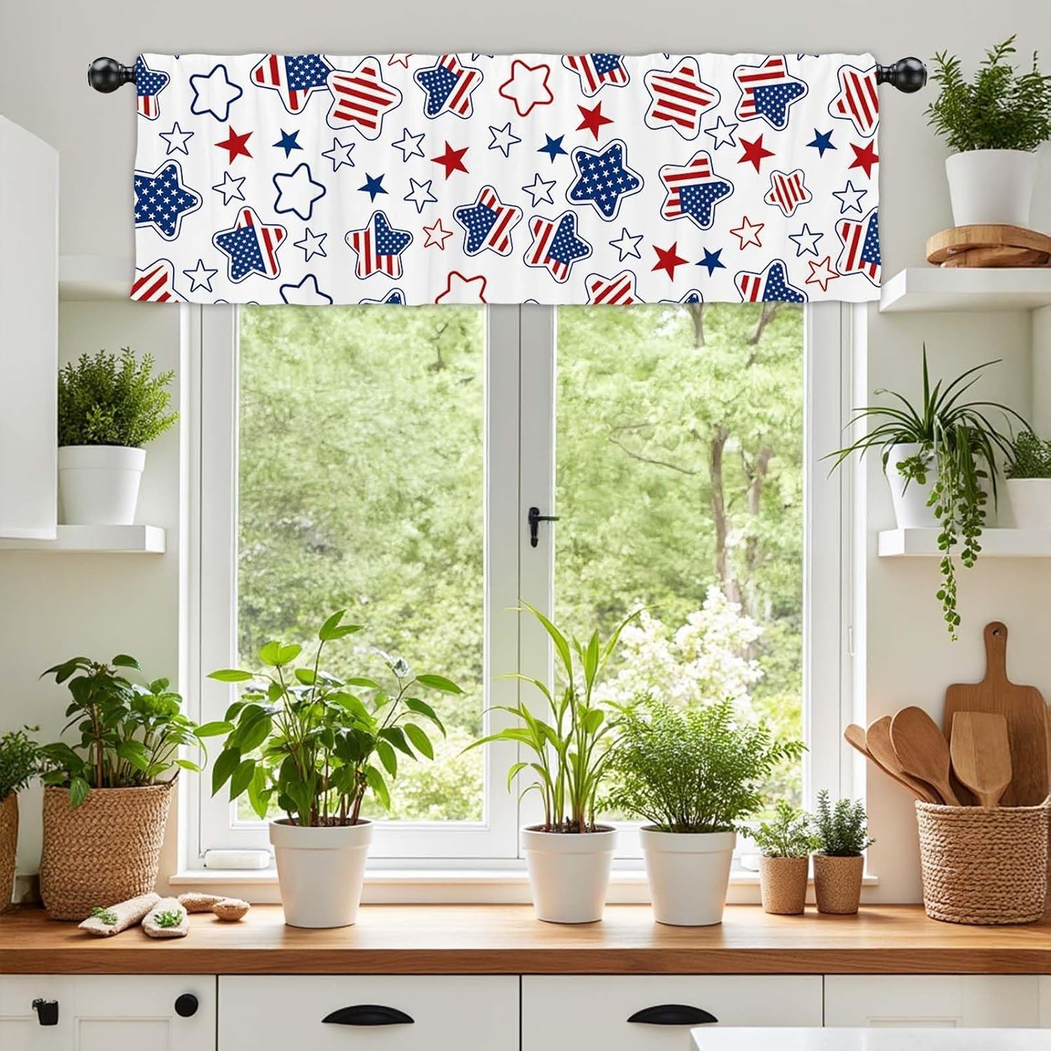 Easy Install 54×18 Red Blue Star Kitchen and Bedroom Curtains – Machine Washable