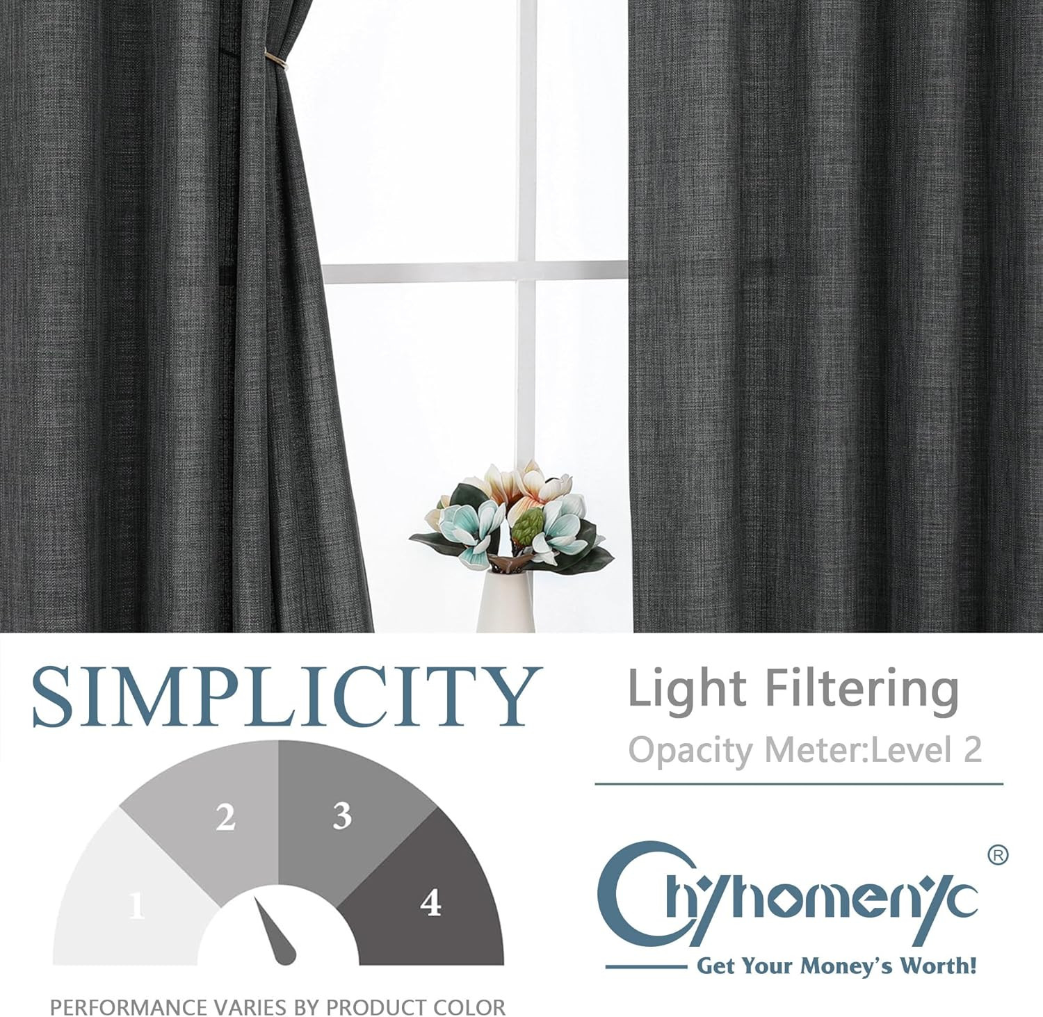 Coal Black Curtains 84 Inches Long 2 Panels Set, Light Filtering Faux Linen Text