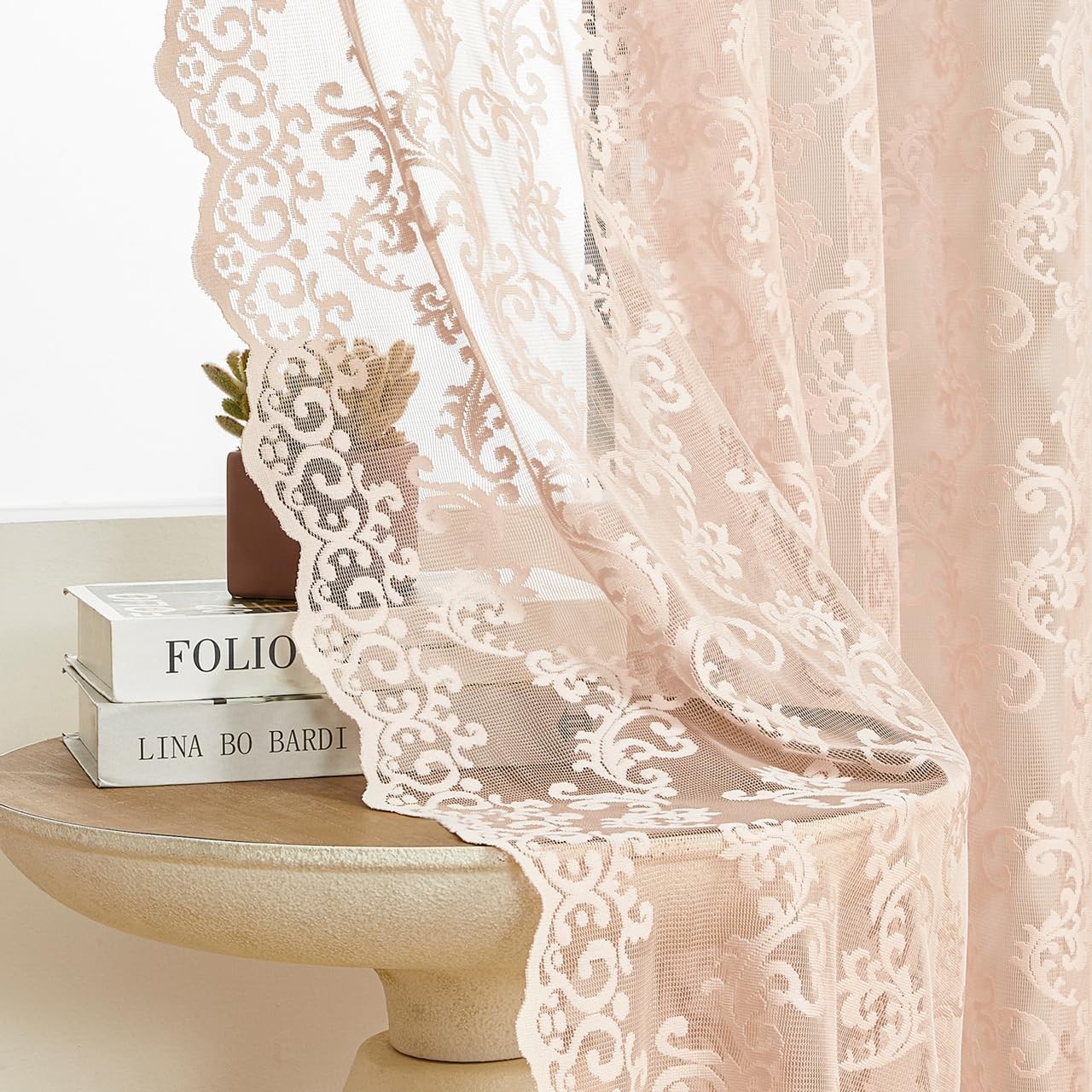 Blush Pink Lace Curtains 63 Inch Length 2 Panels set Victorian Floral Curtain…