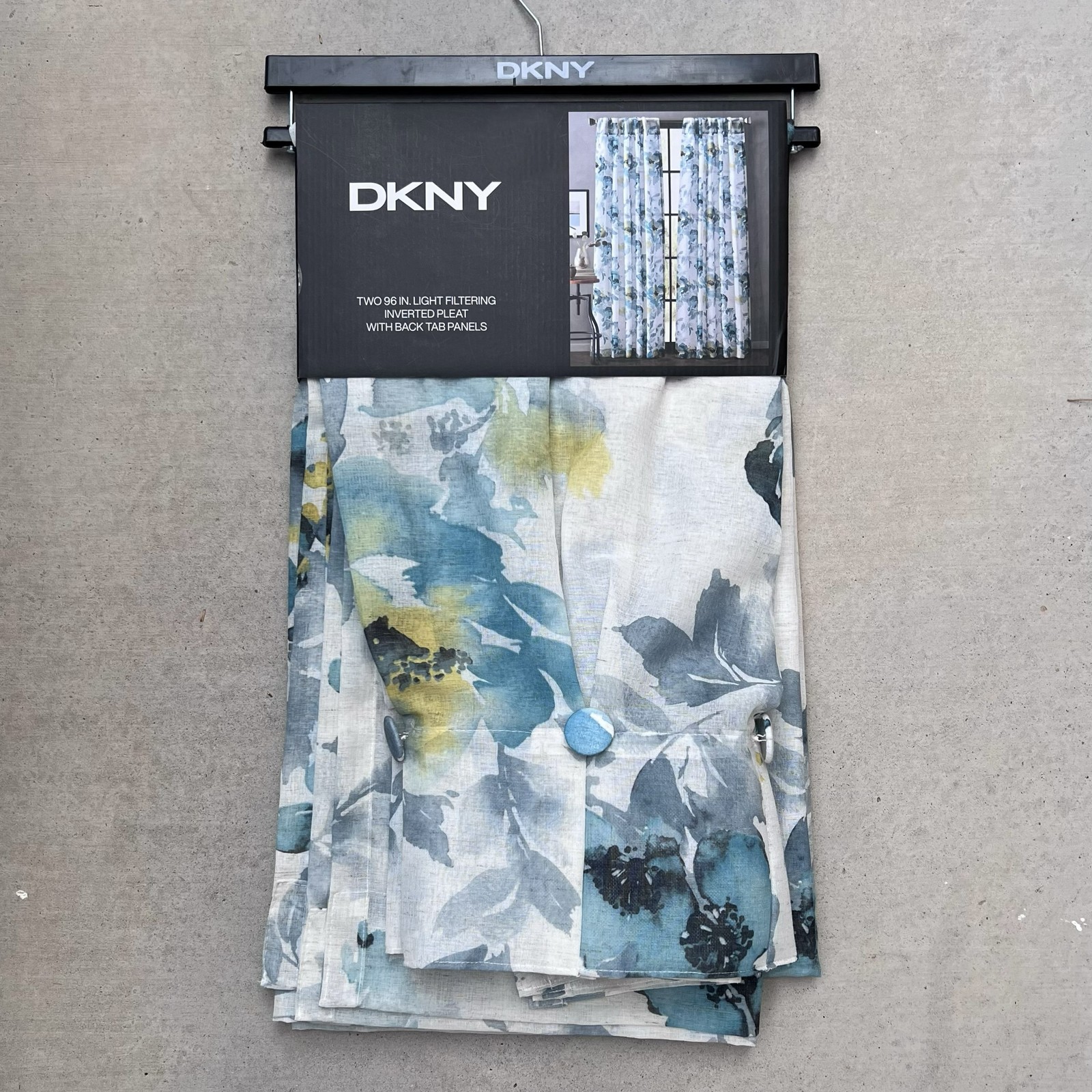 DKNY 32×96 Aquarelle Inverted Pleat Curtains Green Yellow Floral Flowers Buttons