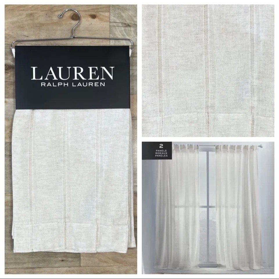 Ralph Lauren 54 x 96 Hamilton Linen Beige Sheer Curtains Striped Stripes Woven