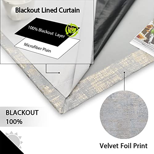 100% Blackout Soft Velvet Curtains 52″W x 63″L (Pack of 2) Silver (Gold Print)