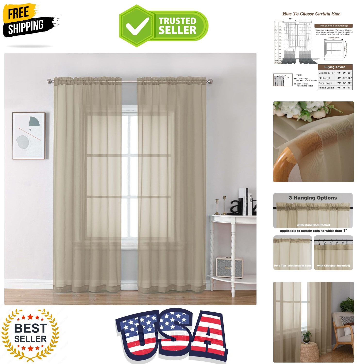Taupe Sheer Curtains 84 Inches Long 2 Panels Set- Light Filtering Curtains fo…